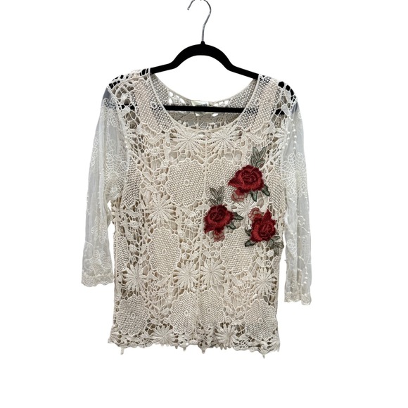 BEDFORD FAIR Tops - BEDFORD FAIR Womens Sz M Cream Crochet Lace Rose Top Fairy Indie Boho Cottage